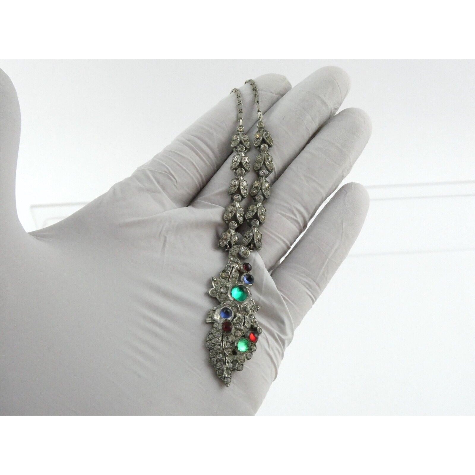 Antique Sterling Silver Paste Glass Gem Pendant Necklace 14.8g 16 Inches Deco