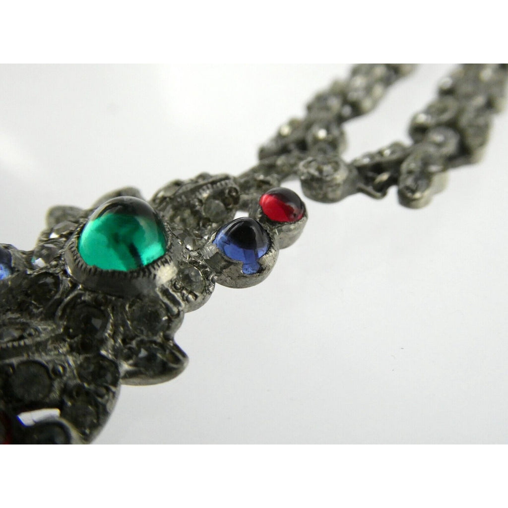 Antique Sterling Silver Paste Glass Gem Pendant Necklace 14.8g 16 Inches Deco