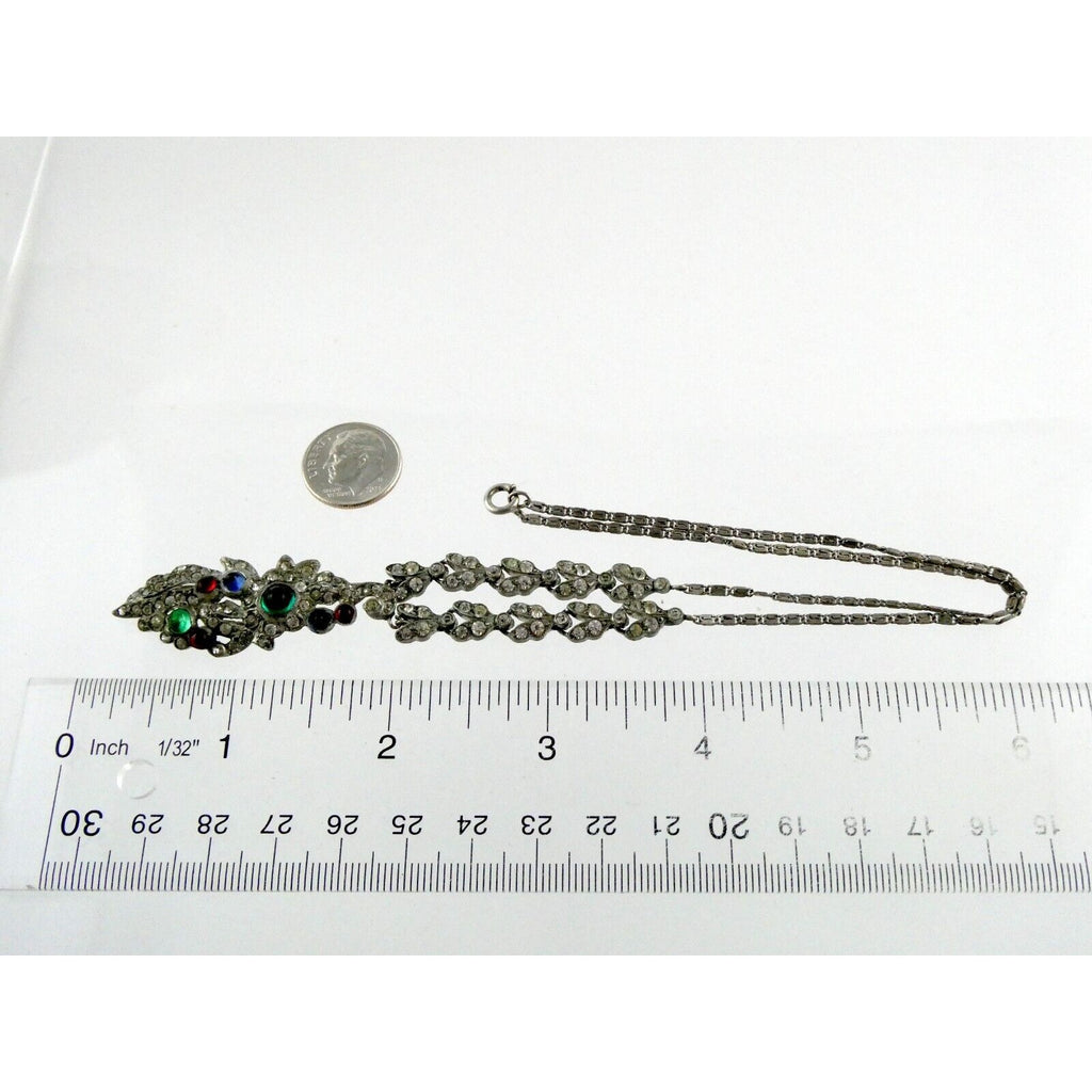 Antique Sterling Silver Paste Glass Gem Pendant Necklace 14.8g 16 Inches Deco