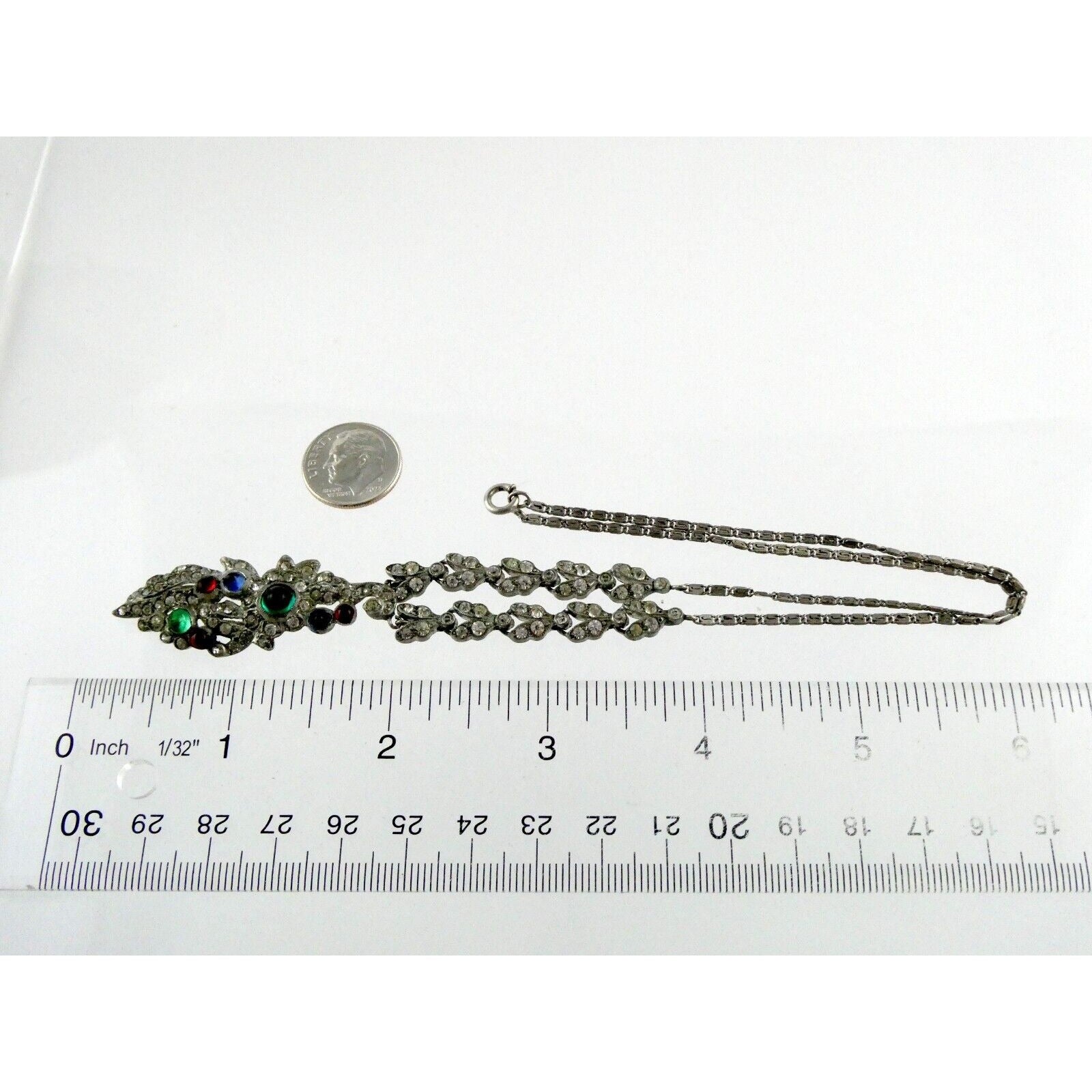 Antique Sterling Silver Paste Glass Gem Pendant Necklace 14.8g 16 Inches Deco