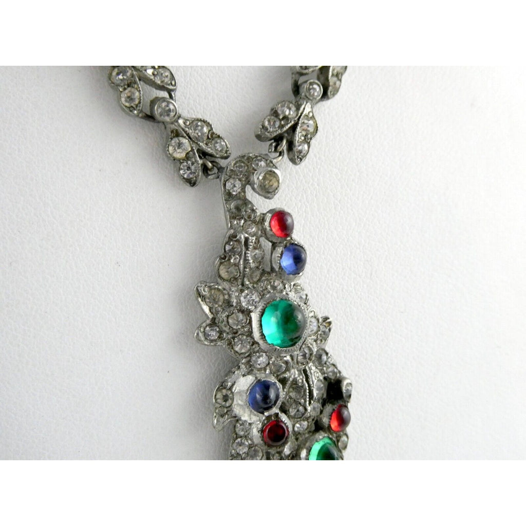 Antique Sterling Silver Paste Glass Gem Pendant Necklace 14.8g 16 Inches Deco