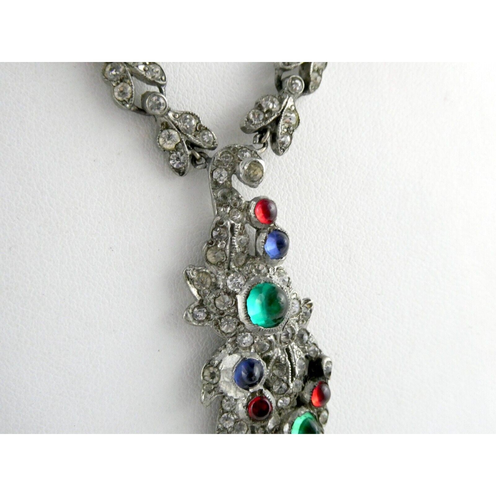 Antique Sterling Silver Paste Glass Gem Pendant Necklace 14.8g 16 Inches Deco