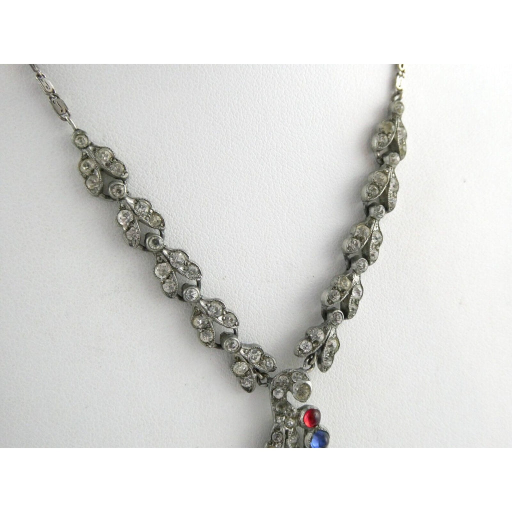 Antique Sterling Silver Paste Glass Gem Pendant Necklace 14.8g 16 Inches Deco