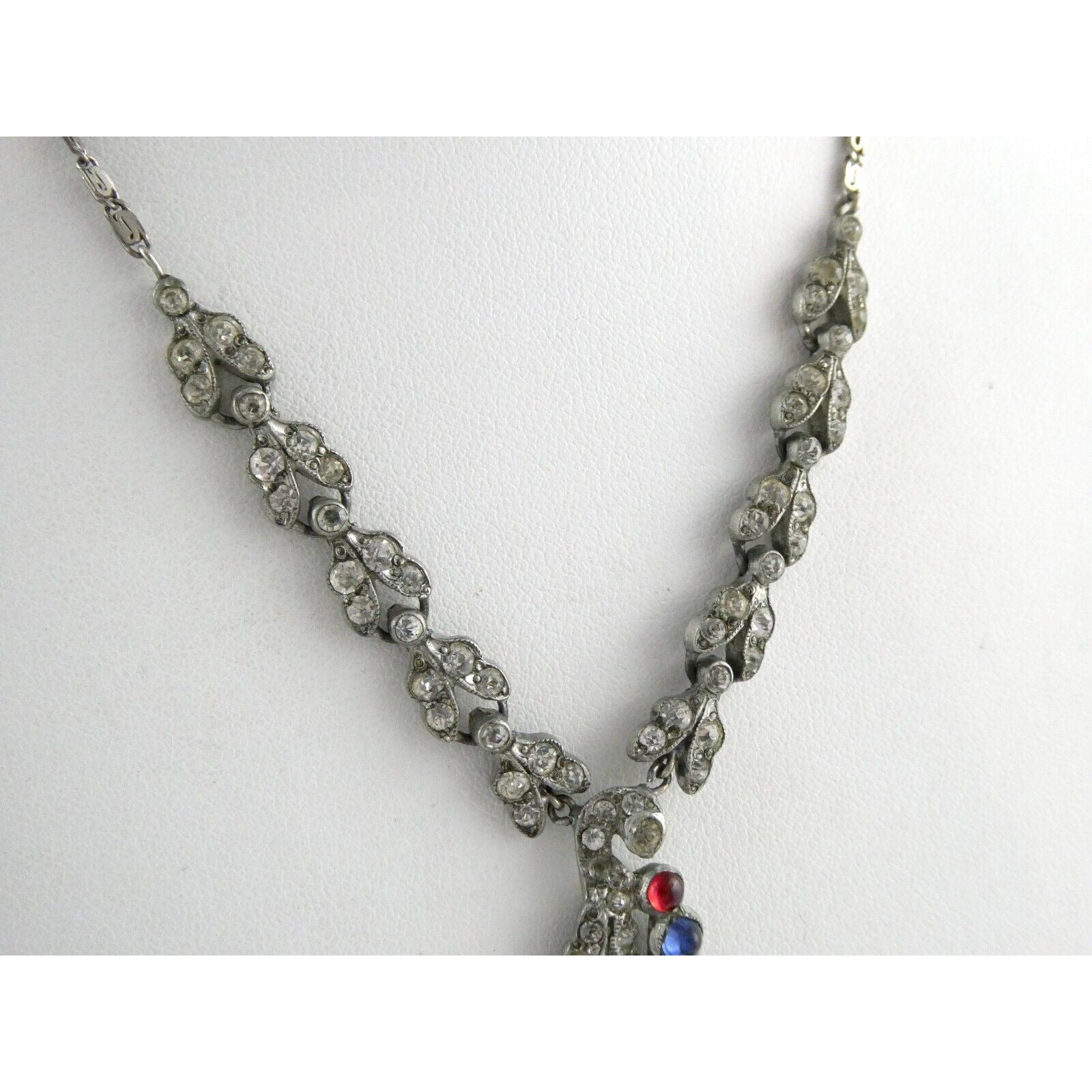 Antique Sterling Silver Paste Glass Gem Pendant Necklace 14.8g 16 Inches Deco