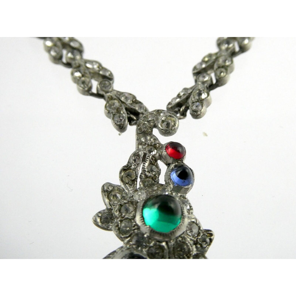 Antique Sterling Silver Paste Glass Gem Pendant Necklace 14.8g 16 Inches Deco