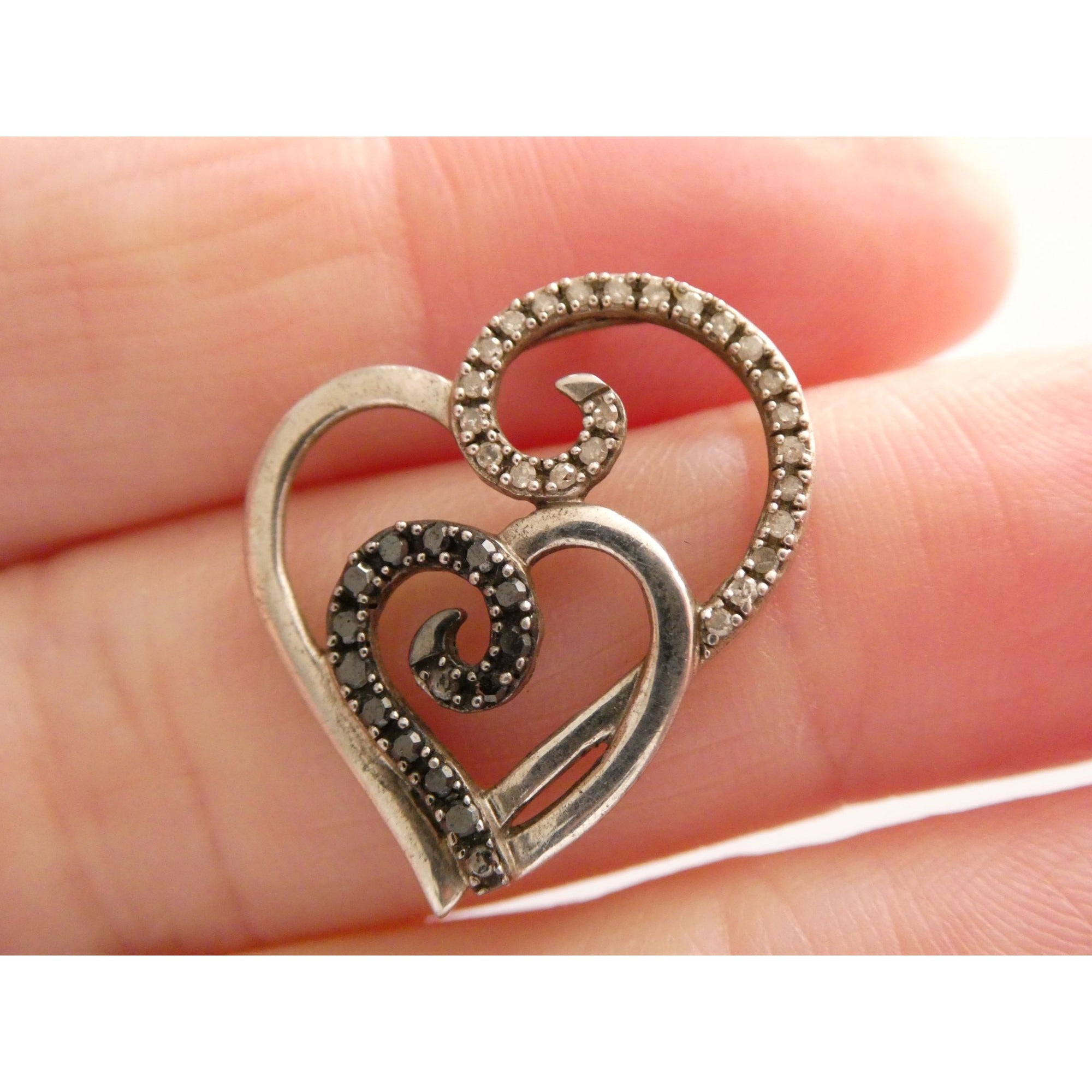 Sterling Silver Lab Created White and Blue Diamonds Two Hearts Pendant 2g 20mm