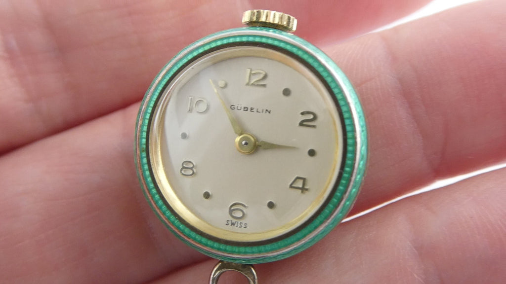 Vintage Gubelin Swiss Green Guilloche Enamel Pendant Watch Sterling Silver WORKS