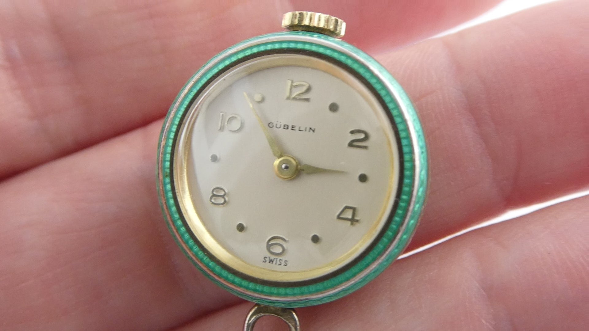 Vintage Gubelin Swiss Green Guilloche Enamel Pendant Watch Sterling Silver WORKS
