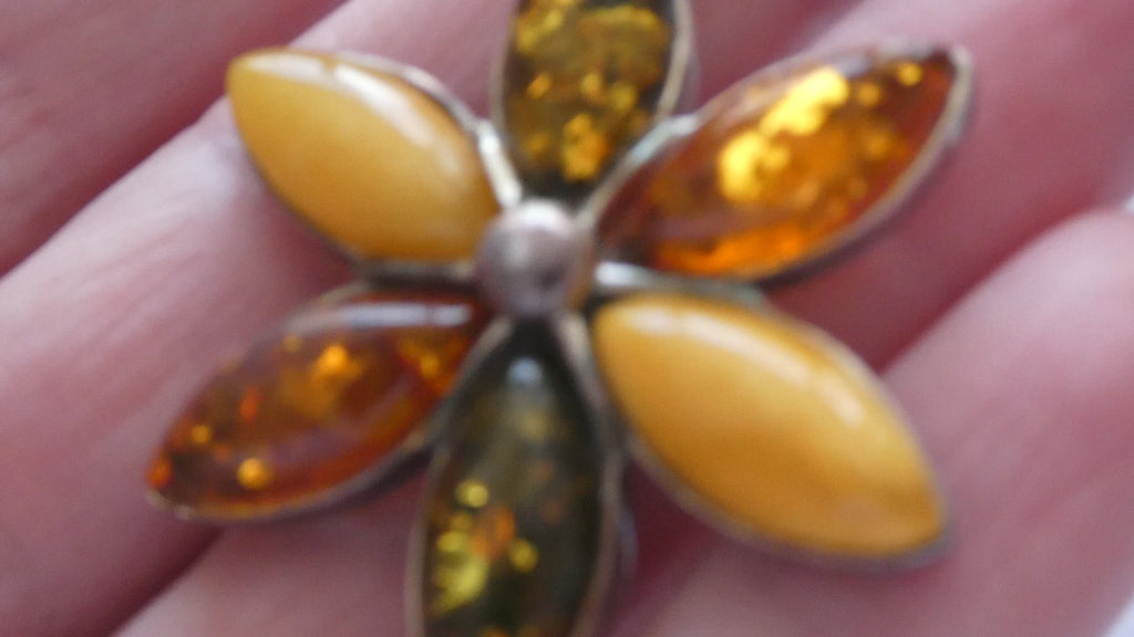 Sterling Silver Multi Color Amber Cabochon Flower Pendant 13g 54mm Length