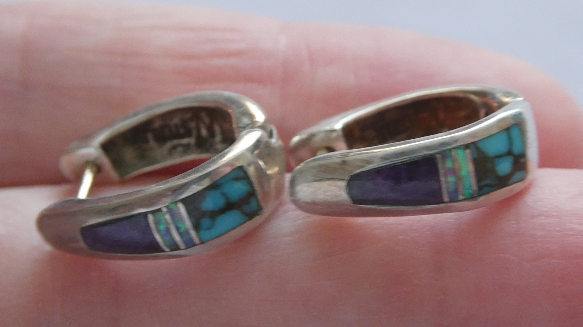 C Willie D Rosales Sterling Silver Opal Spiderweb Turquoise Onyx Earrings .75 In
