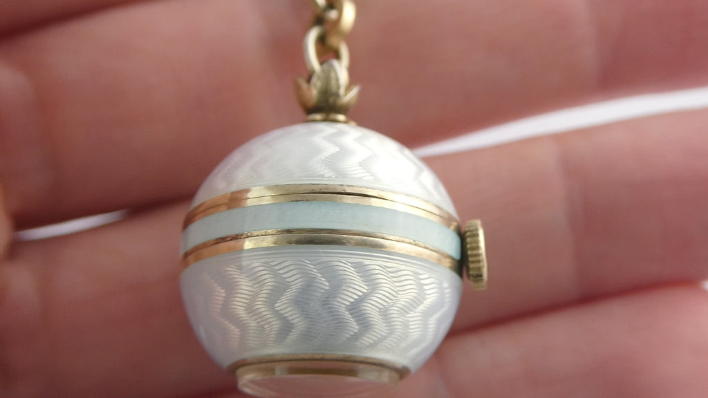 Gubelin Swiss White Guilloche Enamel Watch Necklace Sterling Silver WORKING 30g