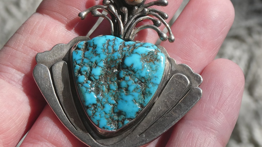 Vintage Artisan SKR Sterling Silver Mexican Fire Opal and Turquoise Brooch 27g