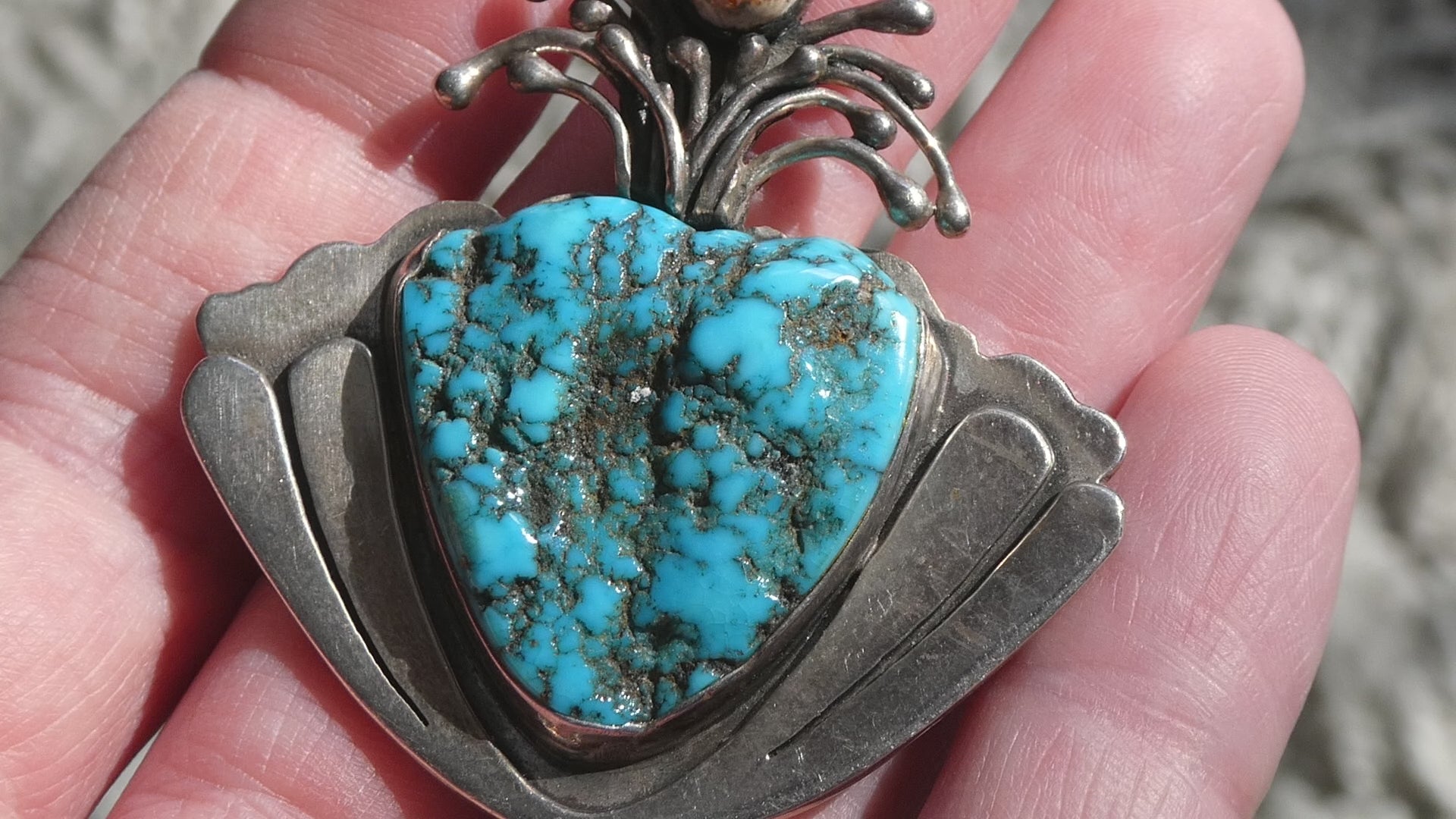 Vintage Artisan SKR Sterling Silver Mexican Fire Opal and Turquoise Brooch 27g