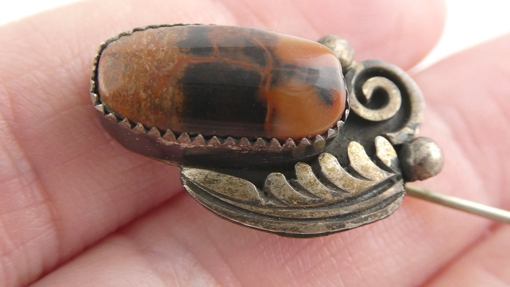 Tom or Julius Ahasteen NA Navajo Sterling Silver Agate Stick Pin 4.2g 2.75 Inch