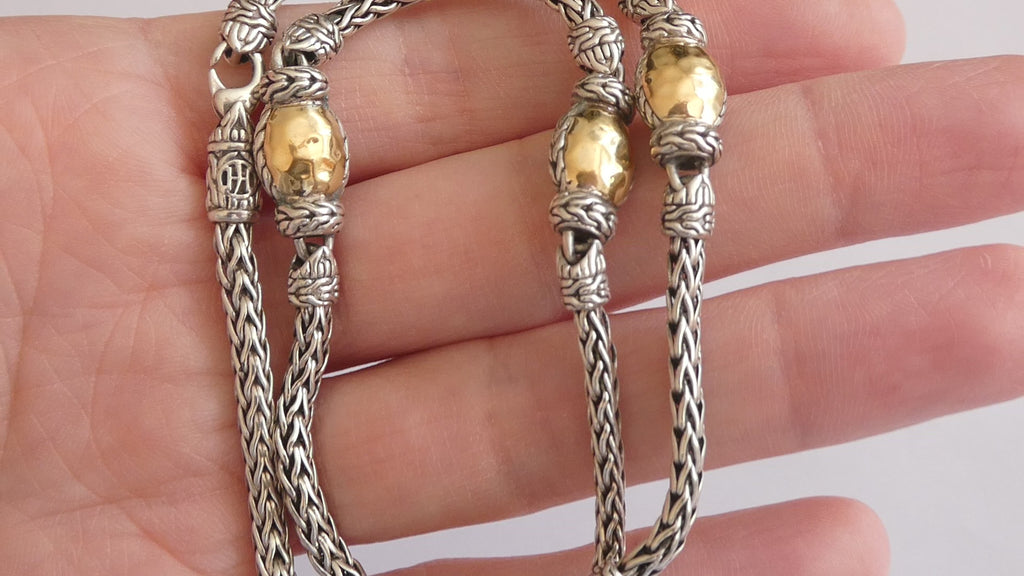 John Hardy Palu Sterling Silver and Hammered 22k Yellow Gold 5 Station Necklace