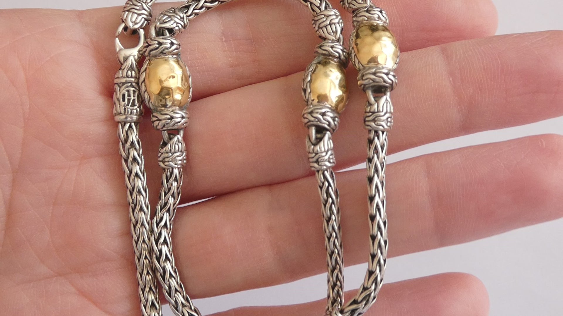 John Hardy Palu Sterling Silver and Hammered 22k Yellow Gold 5 Station Necklace