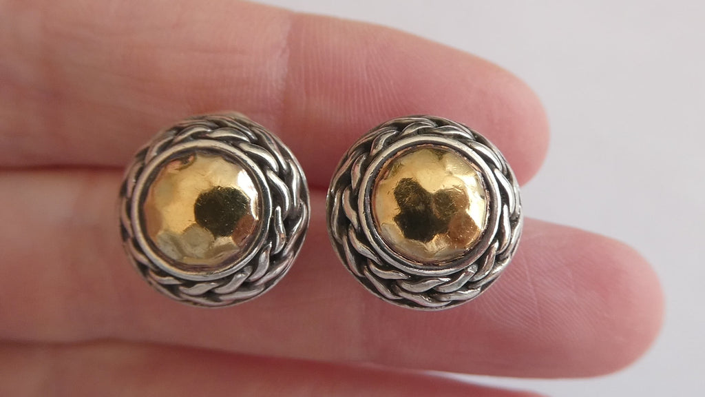 John Hardy Palu Sterling Silver and 22k Gold Round Omega Back Earrings 8g 16mm