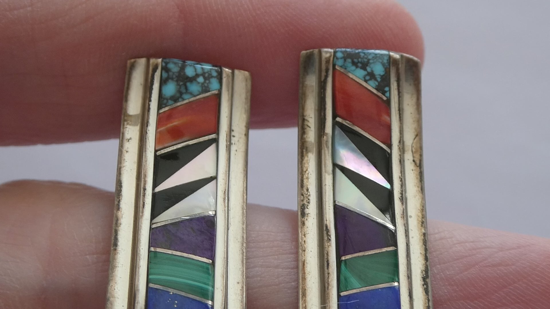 NA Randy Boyd Navajo Sterling Silver Multi Gem Inlay Stud Earrings Turquoise 21g
