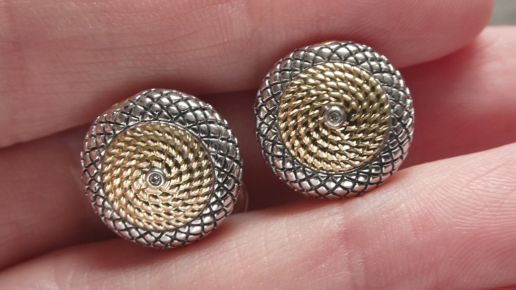 Andrea Candela 18k Gold Sterling Silver Weave Design Pierced Earrings 10g 14mm