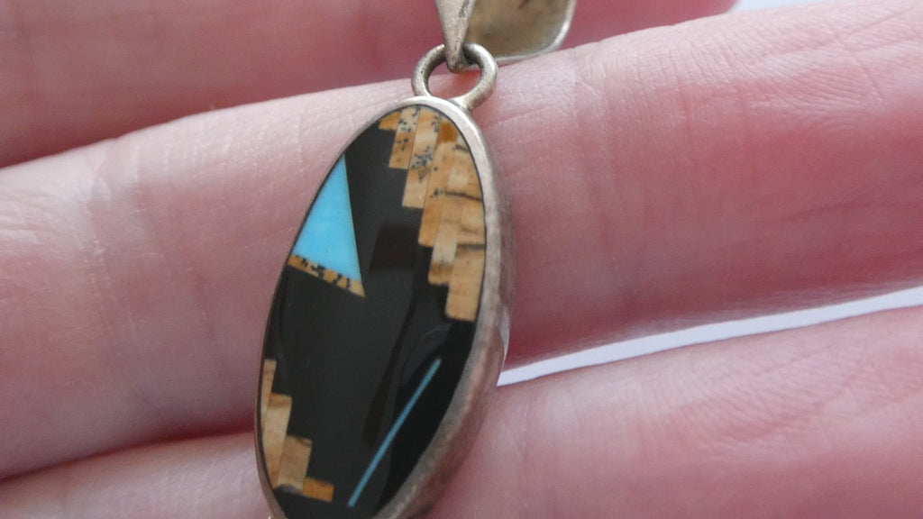 NA Navajo Peterson Chee Sterling Silver Turquoise Jasper and Onyx Inlay Pendant