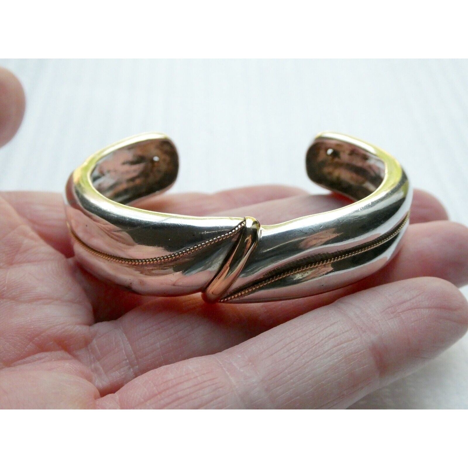 NyJewel MAZ Signed Sterling Silver and 14k Yellow Gold Cuff Bracelet 925 5.75 In