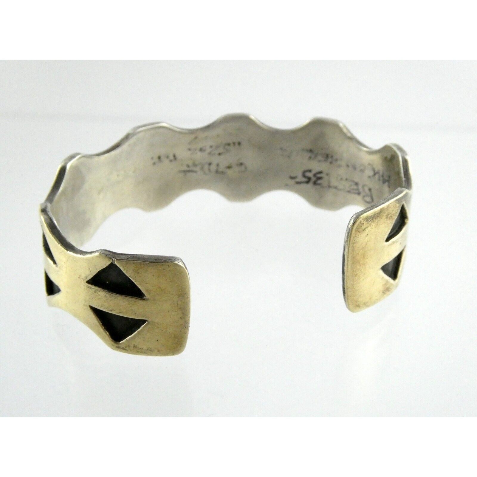 NA Southwestern 14k Yellow Gold on Sterling Silver Pictograph Mark Cuff Bracelet