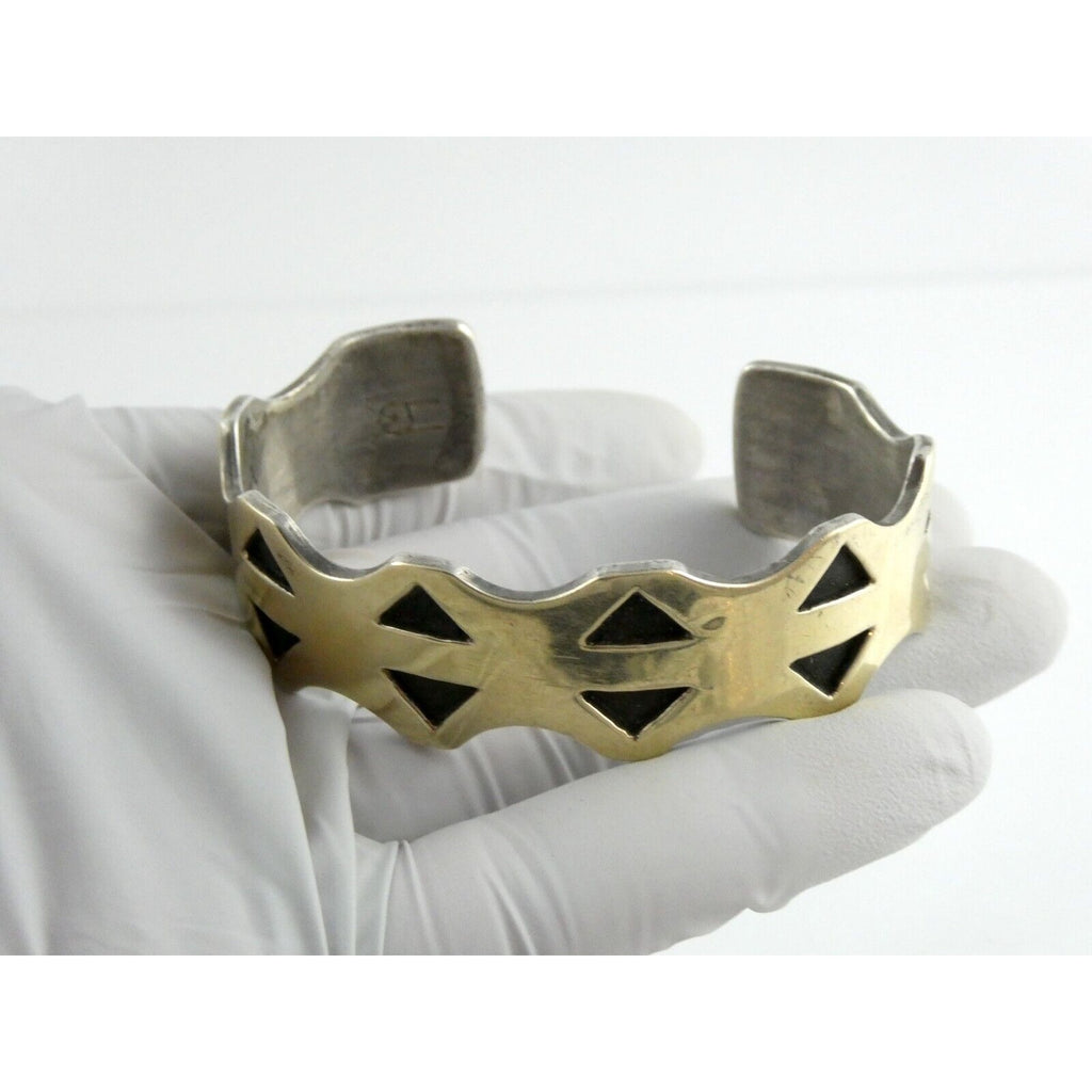 NA Southwestern 14k Yellow Gold on Sterling Silver Pictograph Mark Cuff Bracelet