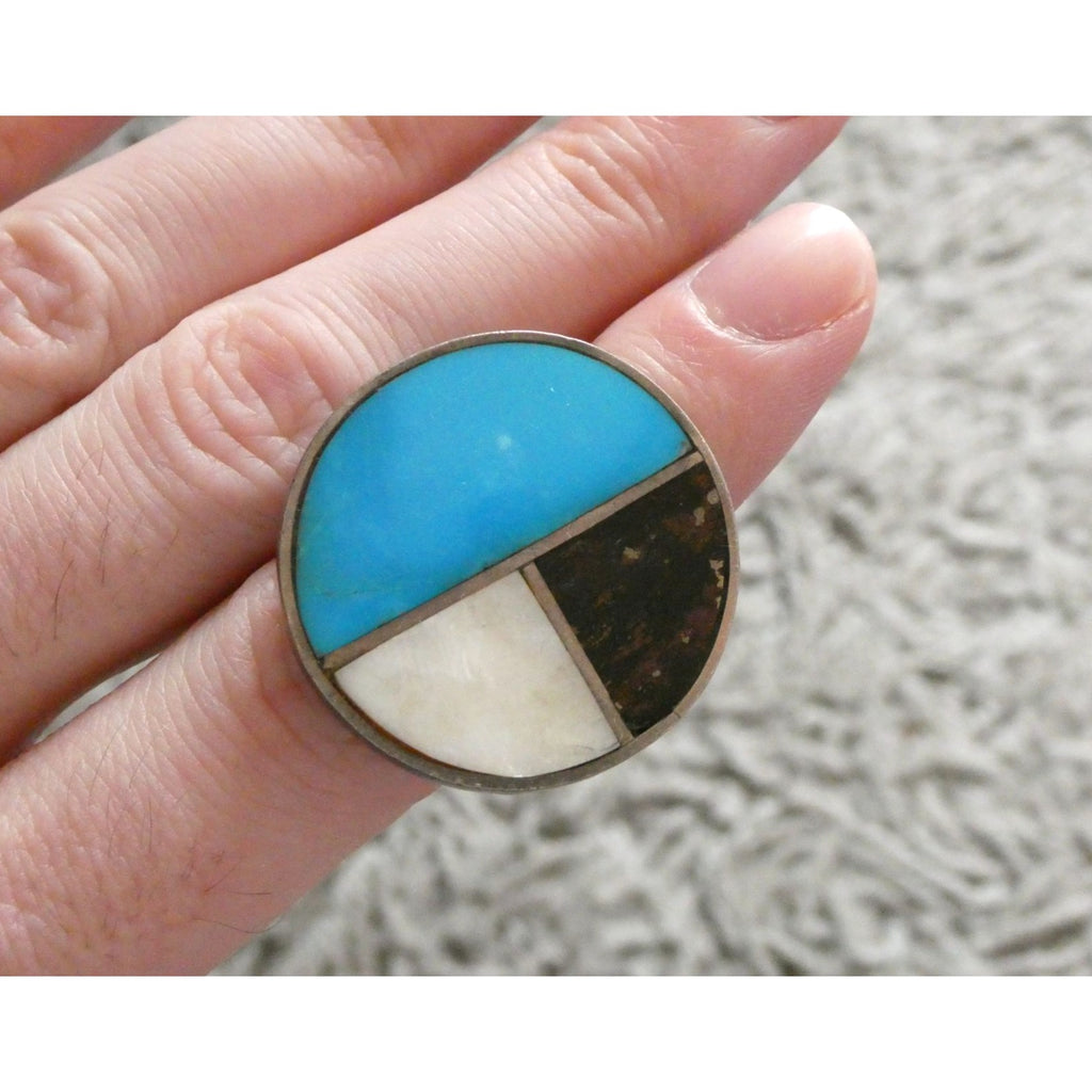 Southwestern NA Handmade Sterling Silver Turquoise MOP Shell Inlay Ring Sz 6.75