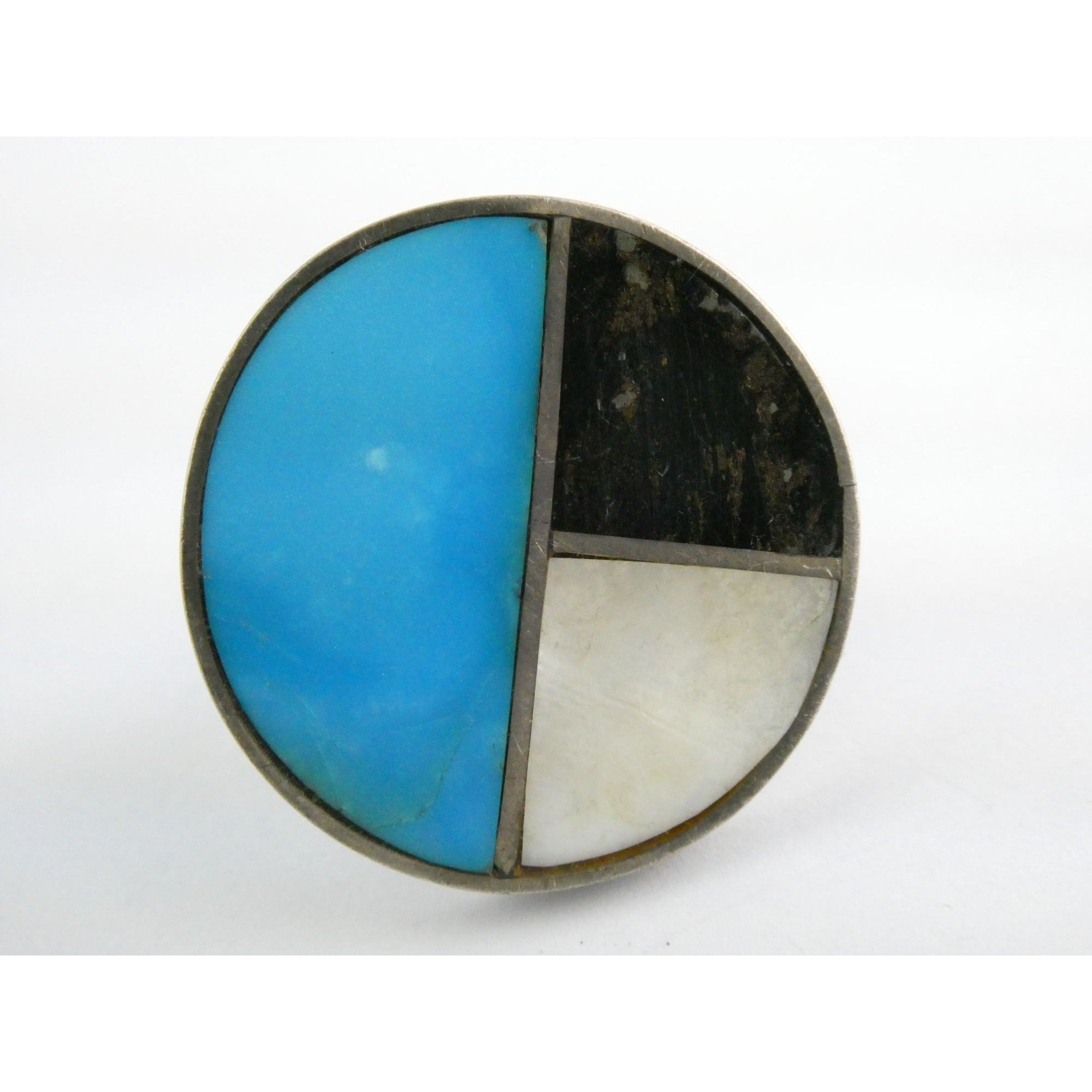 Southwestern NA Handmade Sterling Silver Turquoise MOP Shell Inlay Ring Sz 6.75