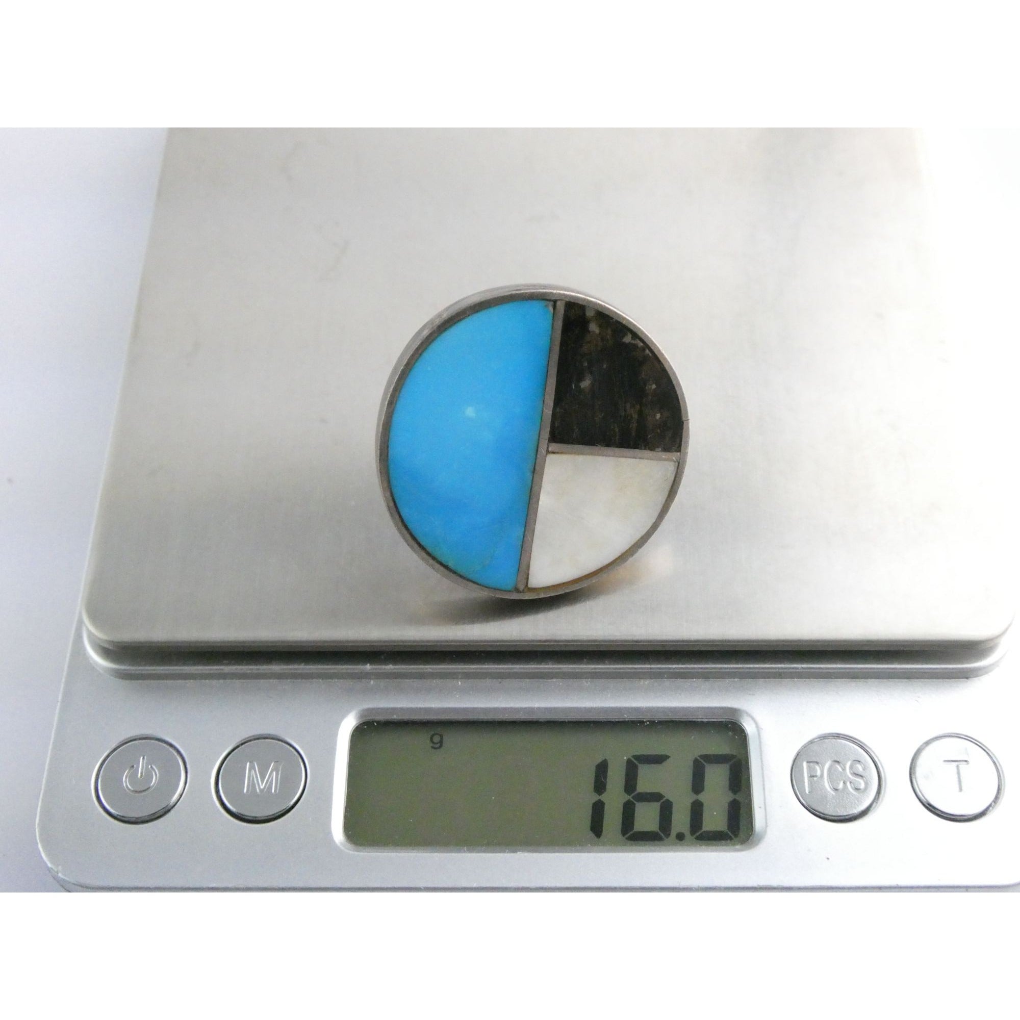 Southwestern NA Handmade Sterling Silver Turquoise MOP Shell Inlay Ring Sz 6.75
