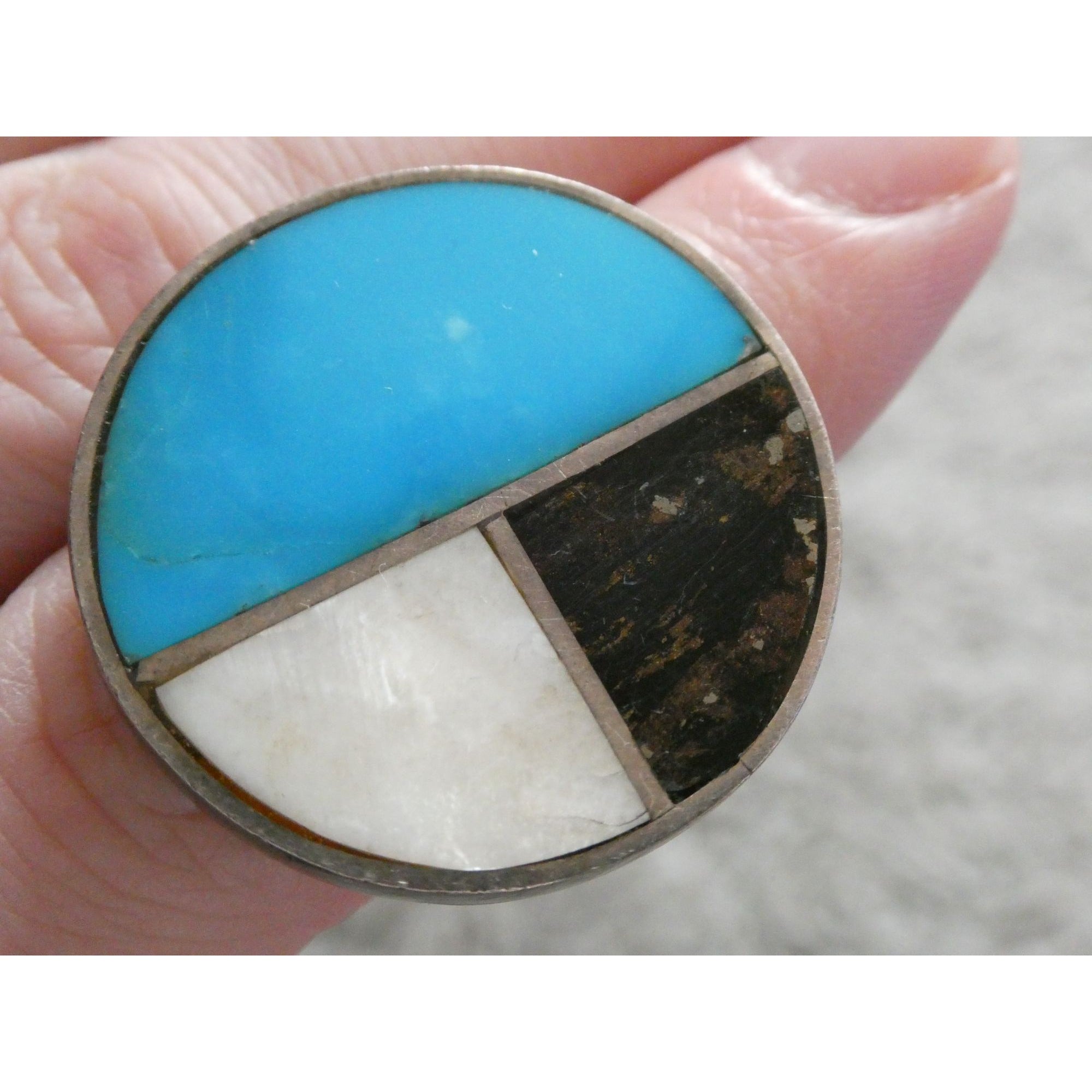Southwestern NA Handmade Sterling Silver Turquoise MOP Shell Inlay Ring Sz 6.75