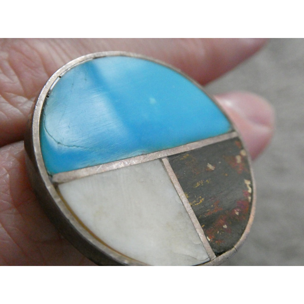Southwestern NA Handmade Sterling Silver Turquoise MOP Shell Inlay Ring Sz 6.75