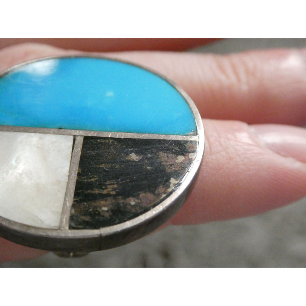 Southwestern NA Handmade Sterling Silver Turquoise MOP Shell Inlay Ring Sz 6.75