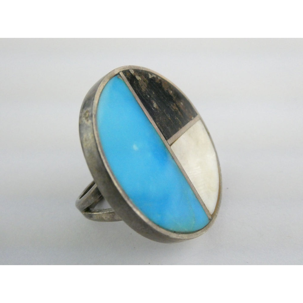 Southwestern NA Handmade Sterling Silver Turquoise MOP Shell Inlay Ring Sz 6.75