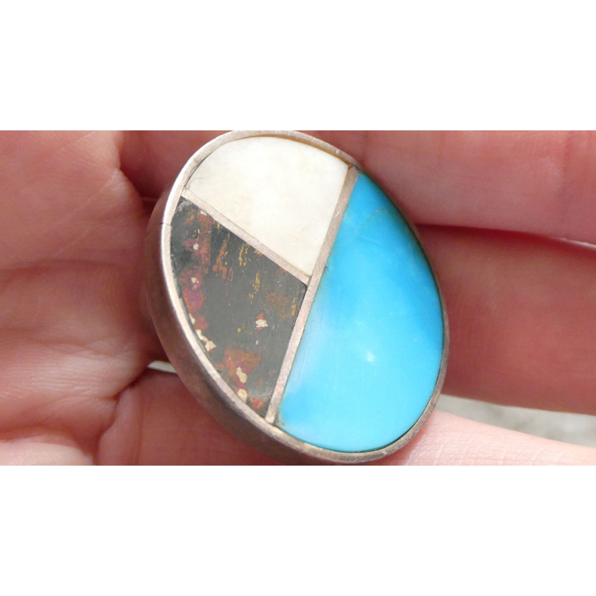 Southwestern NA Handmade Sterling Silver Turquoise MOP Shell Inlay Ring Sz 6.75