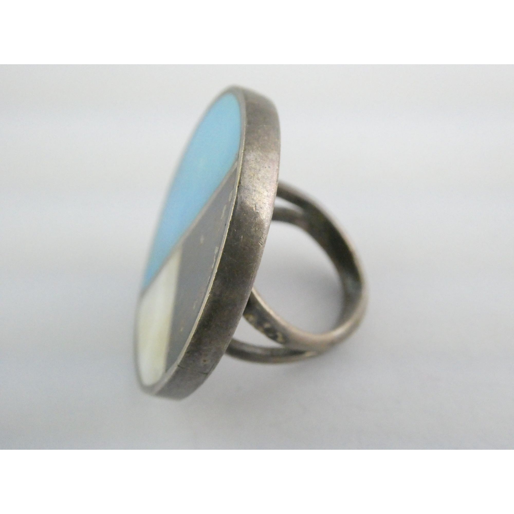 Southwestern NA Handmade Sterling Silver Turquoise MOP Shell Inlay Ring Sz 6.75