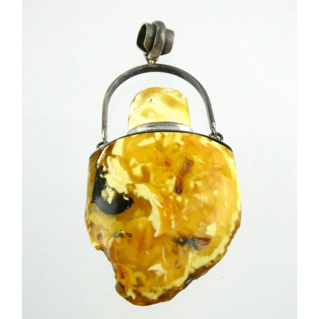 Vintage Poland Sterling Silver Eggyolk Amber Pendant 925 25.5g 3.5 Inch Length