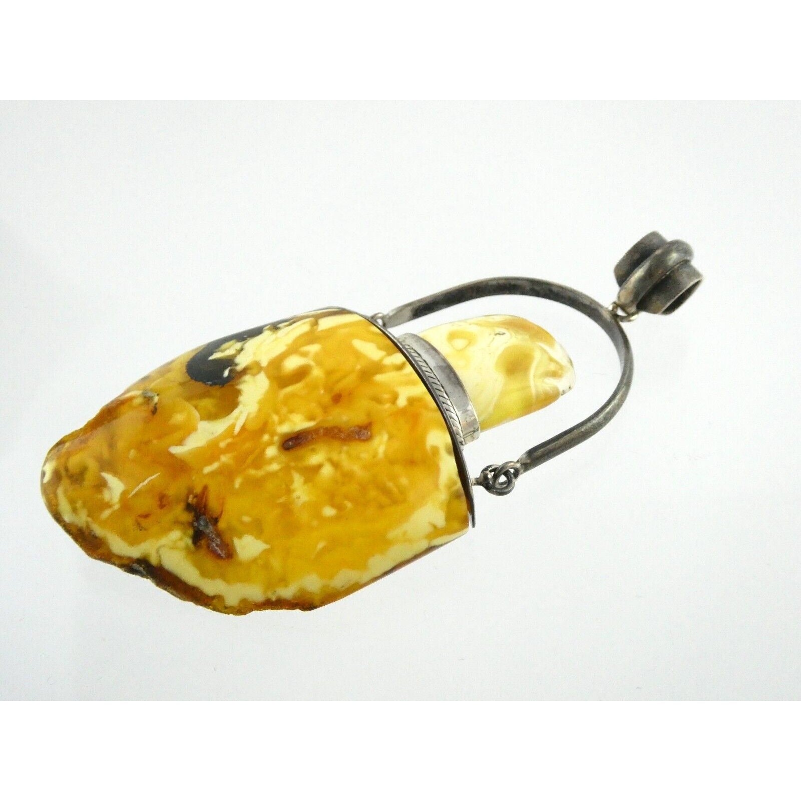 Vintage Poland Sterling Silver Eggyolk Amber Pendant 925 25.5g 3.5 Inch Length