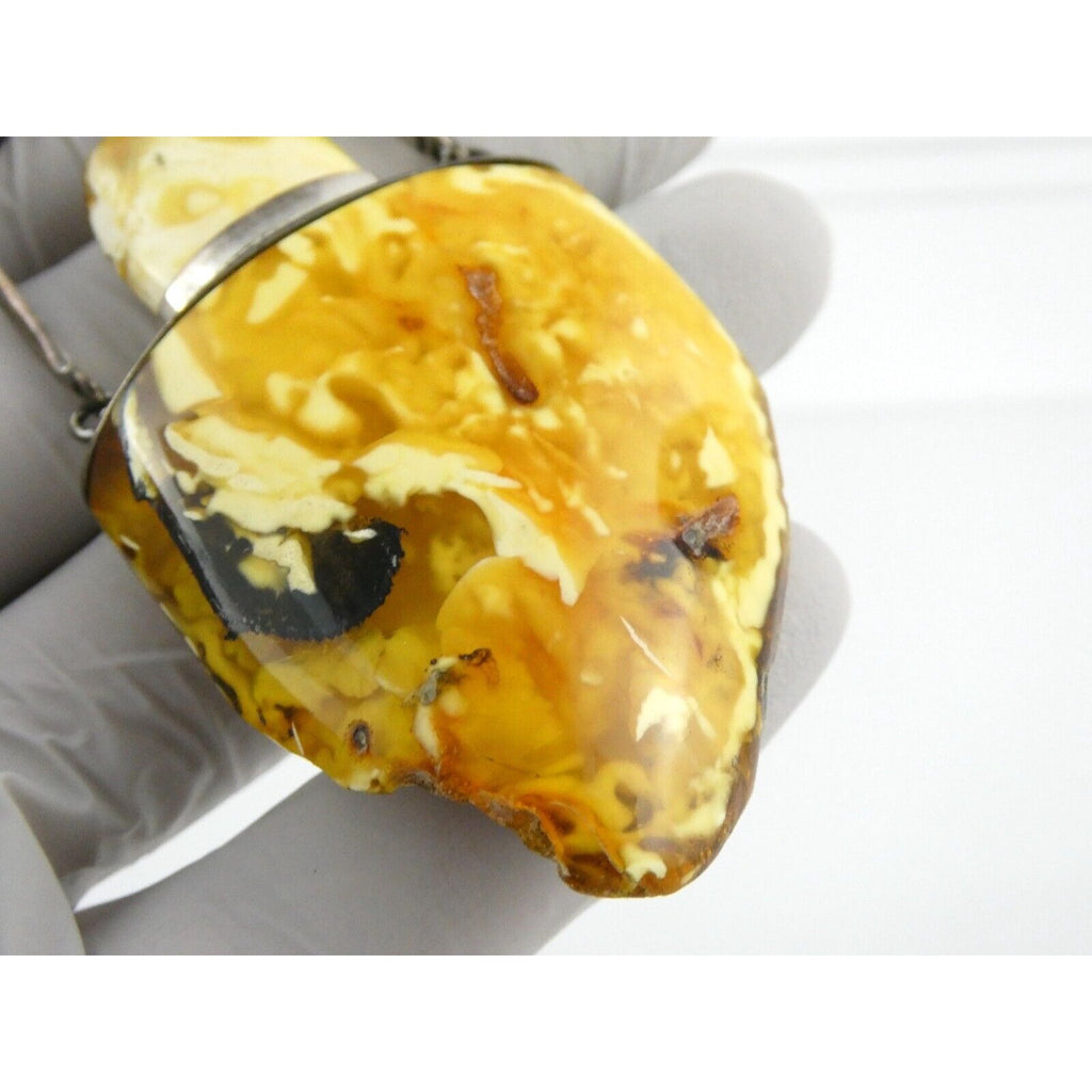 Vintage Poland Sterling Silver Eggyolk Amber Pendant 925 25.5g 3.5 Inch Length