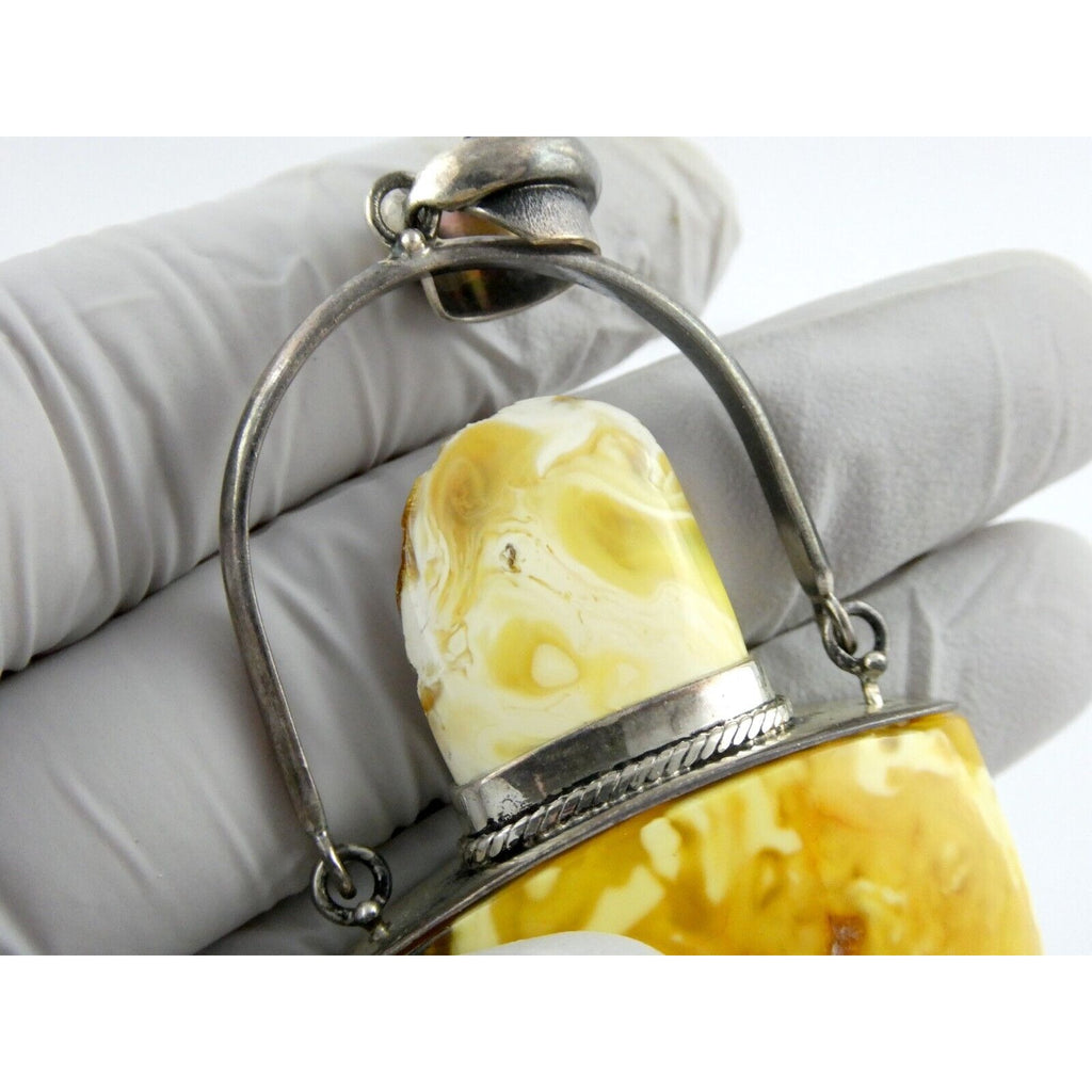 Vintage Poland Sterling Silver Eggyolk Amber Pendant 925 25.5g 3.5 Inch Length
