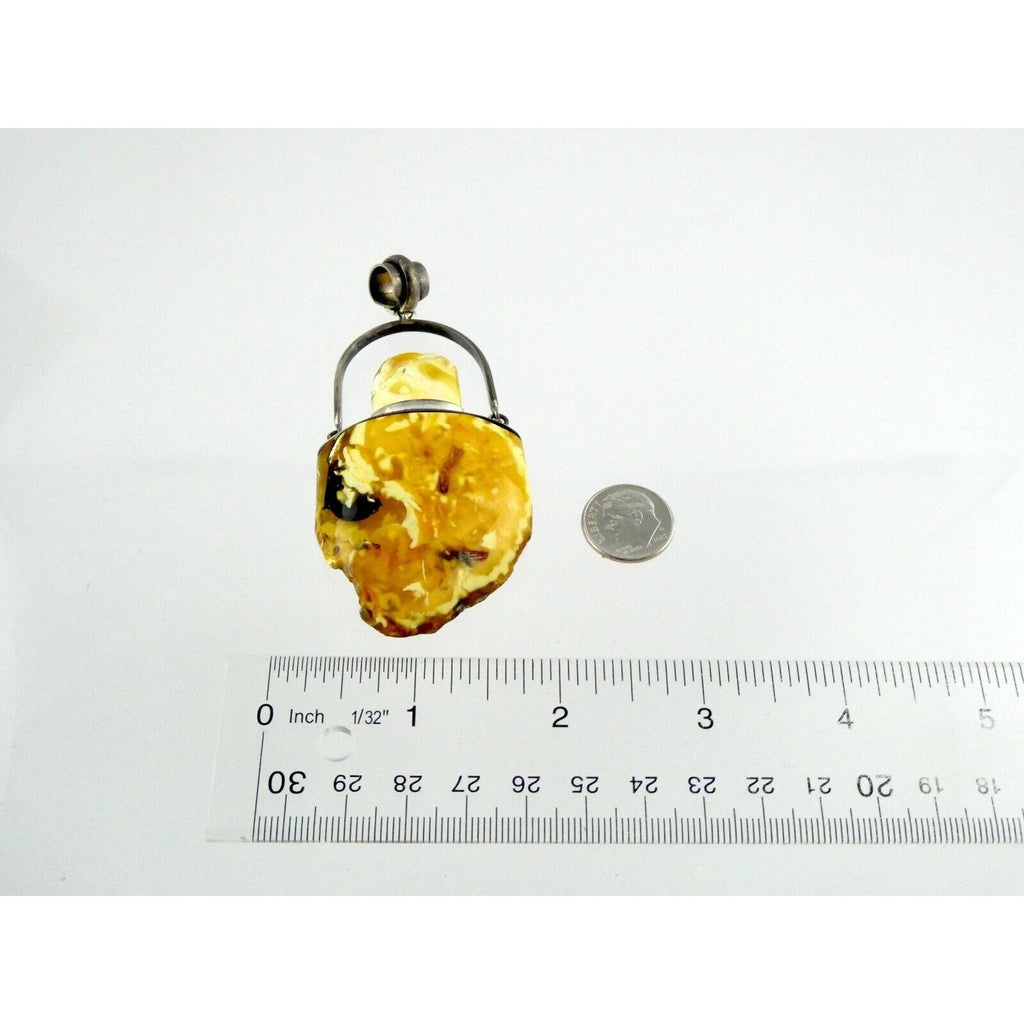Vintage Poland Sterling Silver Eggyolk Amber Pendant 925 25.5g 3.5 Inch Length