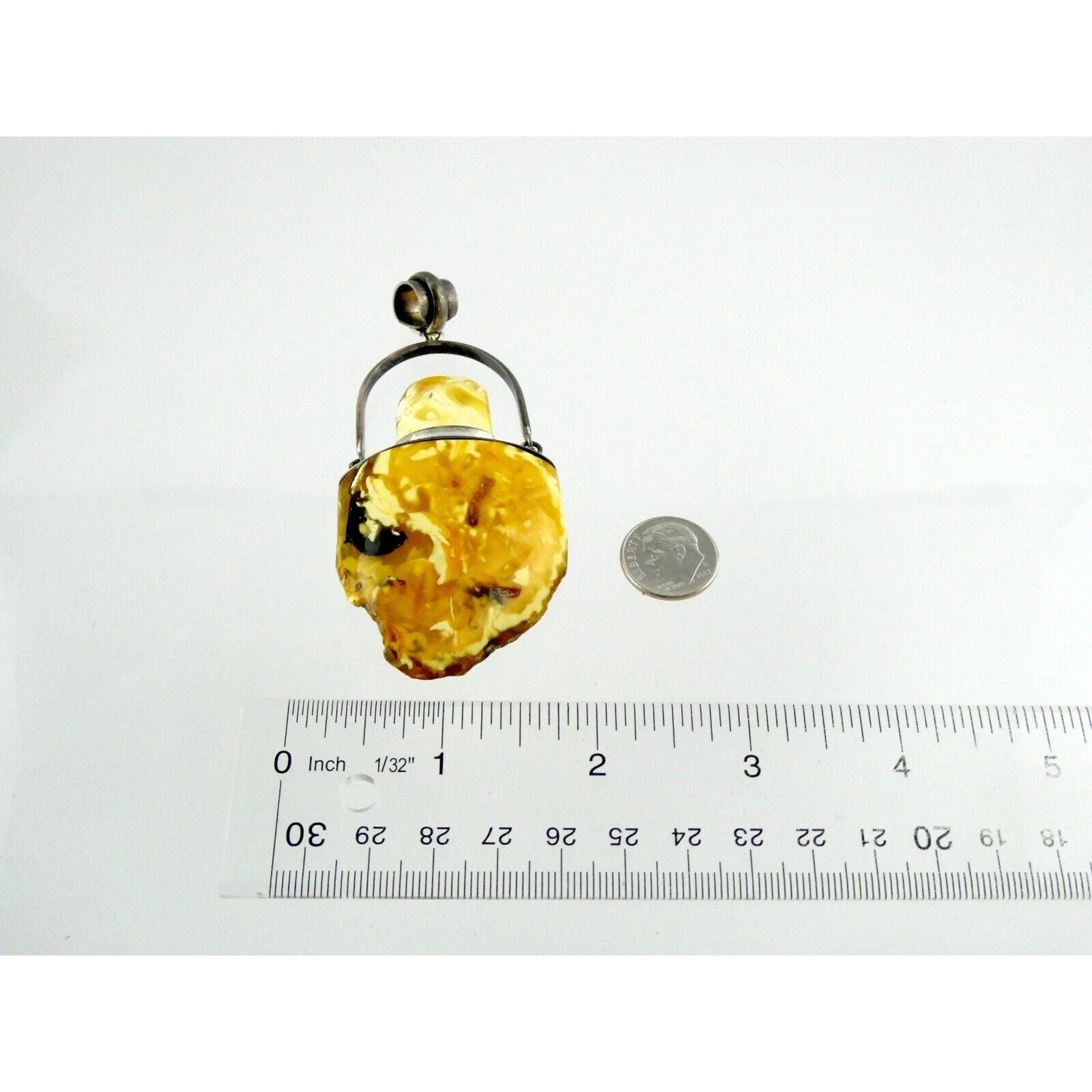 Vintage Poland Sterling Silver Eggyolk Amber Pendant 925 25.5g 3.5 Inch Length