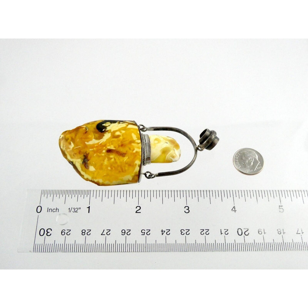 Vintage Poland Sterling Silver Eggyolk Amber Pendant 925 25.5g 3.5 Inch Length