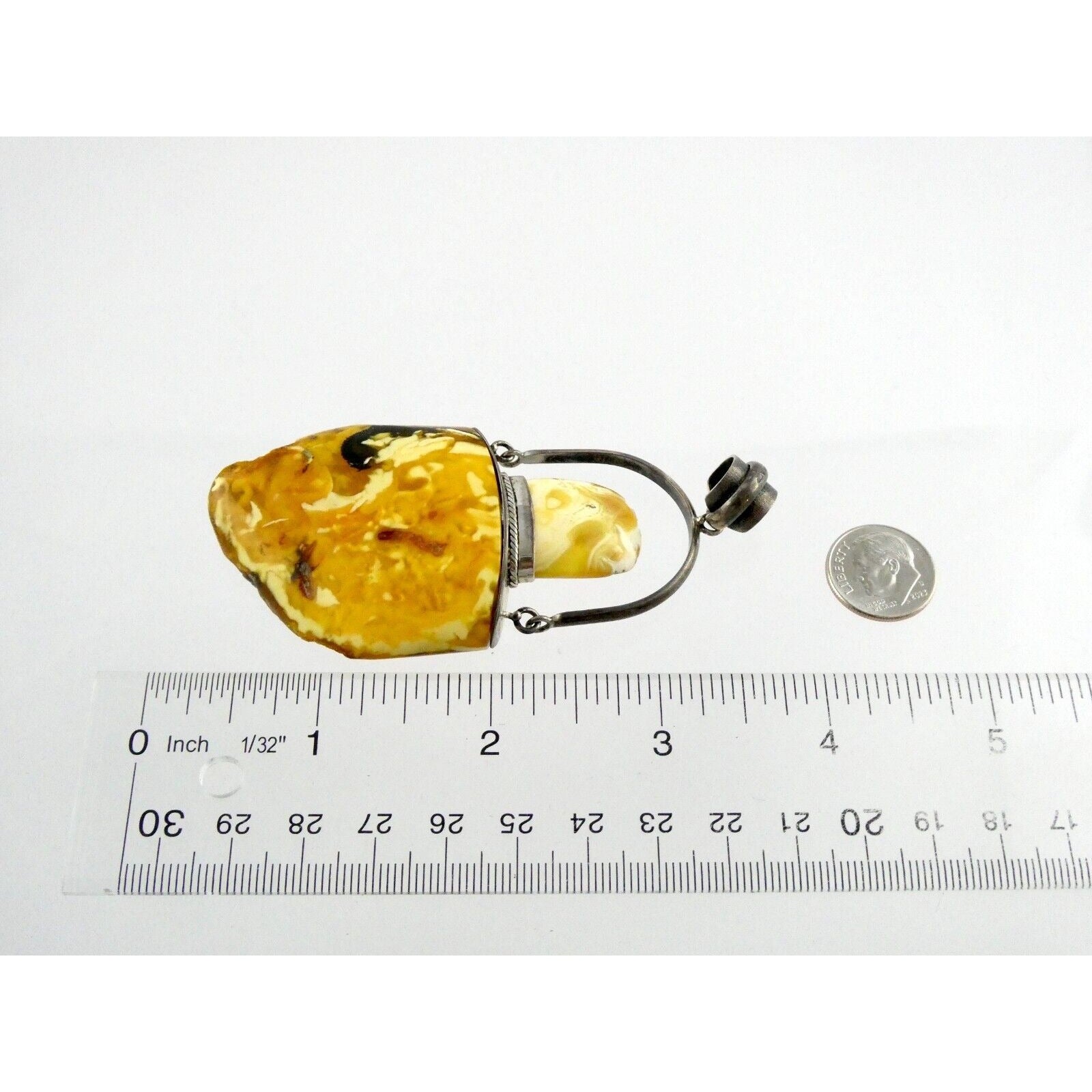 Vintage Poland Sterling Silver Eggyolk Amber Pendant 925 25.5g 3.5 Inch Length
