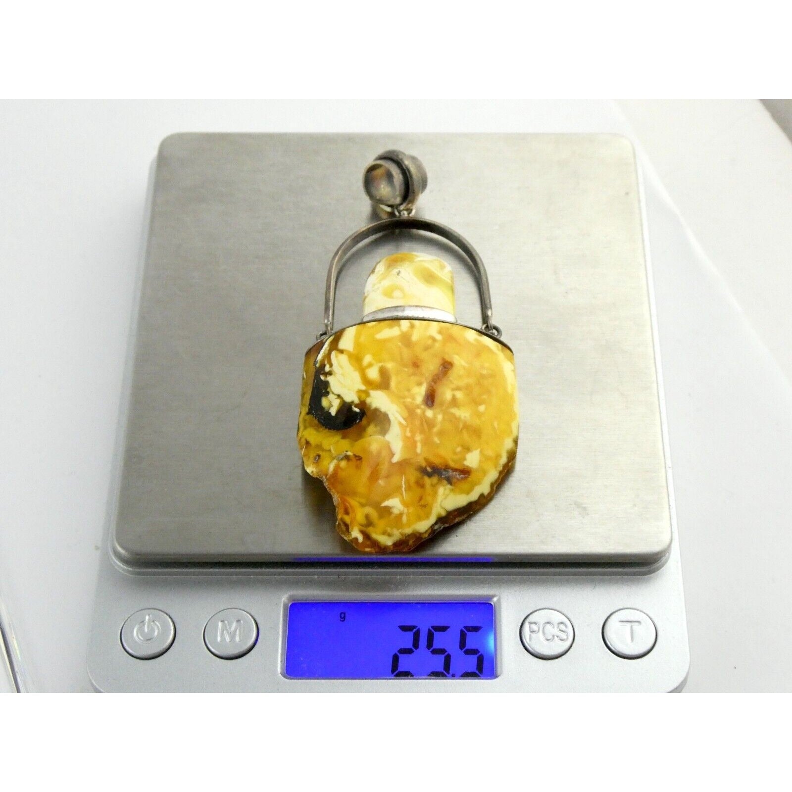 Vintage Poland Sterling Silver Eggyolk Amber Pendant 925 25.5g 3.5 Inch Length
