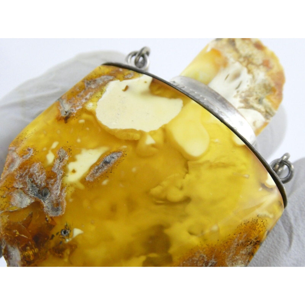 Vintage Poland Sterling Silver Eggyolk Amber Pendant 925 25.5g 3.5 Inch Length