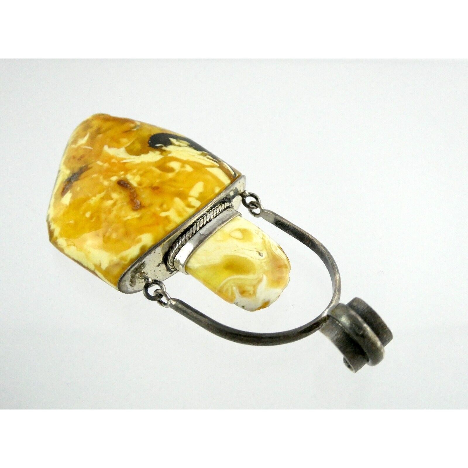 Vintage Poland Sterling Silver Eggyolk Amber Pendant 925 25.5g 3.5 Inch Length