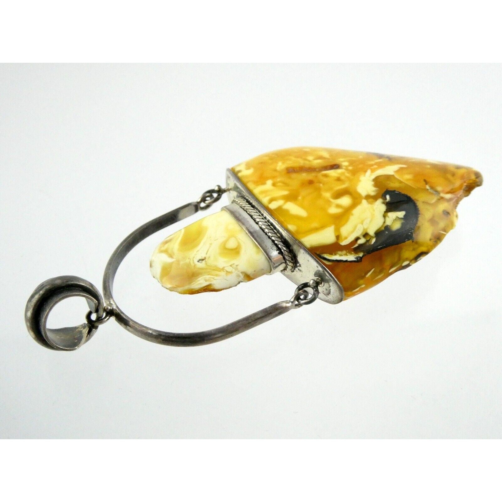 Vintage Poland Sterling Silver Eggyolk Amber Pendant 925 25.5g 3.5 Inch Length