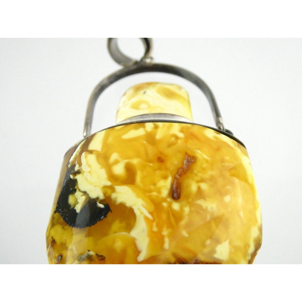 Vintage Poland Sterling Silver Eggyolk Amber Pendant 925 25.5g 3.5 Inch Length
