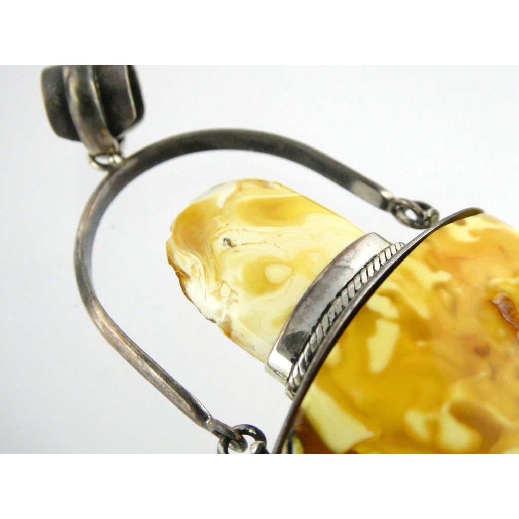 Vintage Poland Sterling Silver Eggyolk Amber Pendant 925 25.5g 3.5 Inch Length